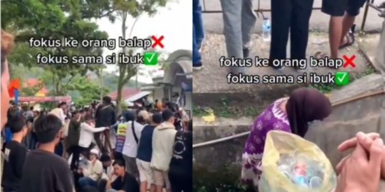 Kontras, Potret Ibu-ibu Mengais Sampah Selokan di Antara Anak Muda Nonton Balap, Publik: Salut Banget